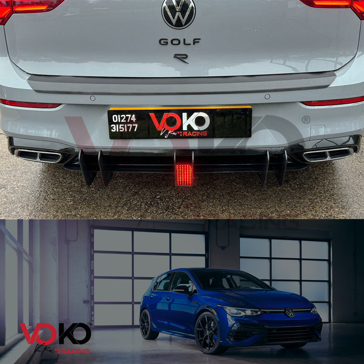 VW GOLF MK8 R & R LINE REAR DIFFUSER WITH F1 LED STOP TAIL BRAKE LIGHT (2020-2023)