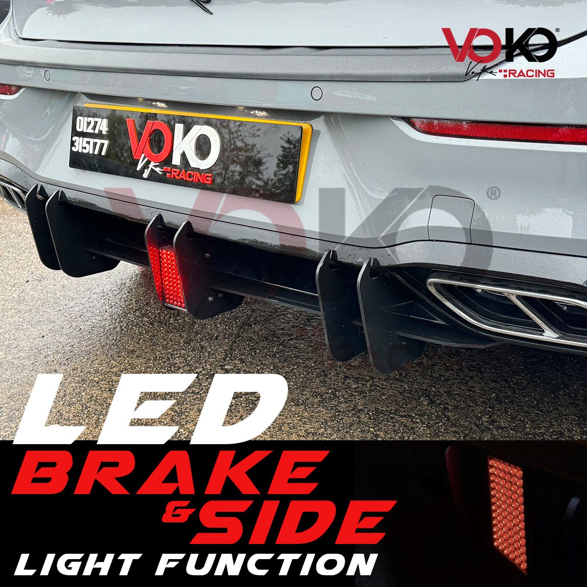 VW GOLF MK8 R & R LINE REAR DIFFUSER WITH F1 LED STOP TAIL BRAKE LIGHT (2020-2023)