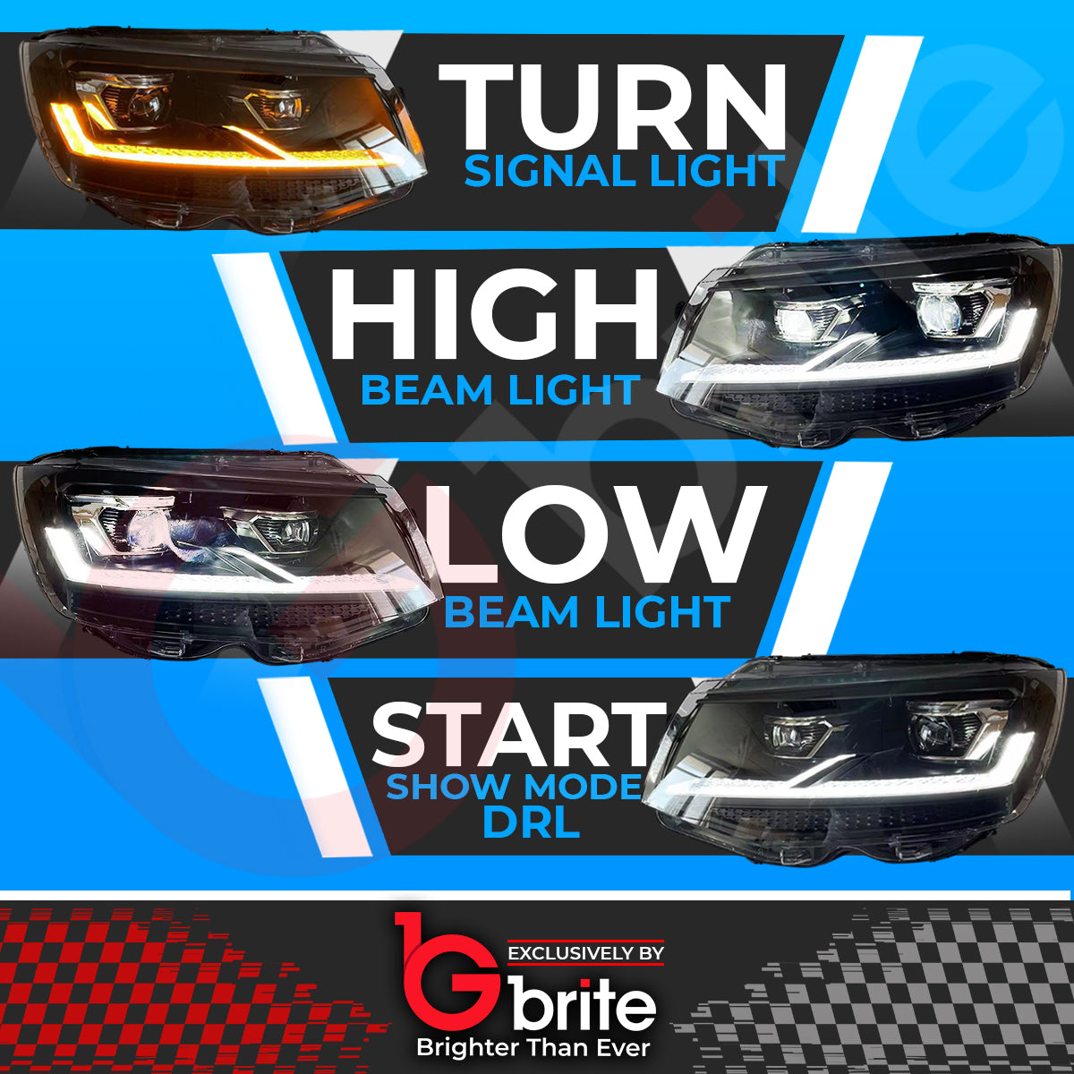 GBRITE VW Transporter T6 LED Bi-xenon Headlamps 2016-19 DRL Sequential Indicator