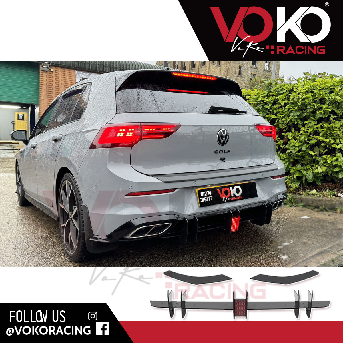 VW GOLF MK8 R & R LINE REAR DIFFUSER WITH F1 LED STOP TAIL BRAKE LIGHT ...